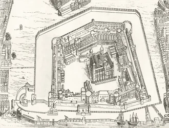 1688年にロンドン塔の鳥瞰図、「ロンドンの写真：ペンと鉛筆で描かれた」、リチャード・ラヴェット牧師作、1890年発行